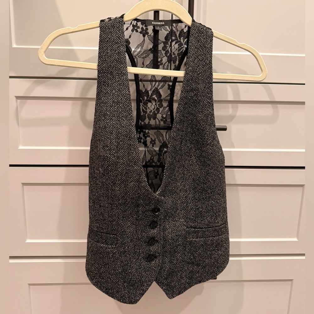 Express Black Lace-Back Herringbone Vest